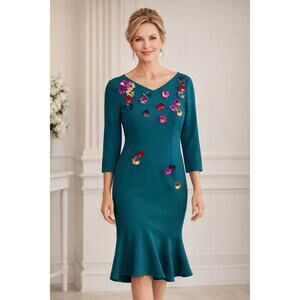 Theia Teal Floral Appliqué Midi Dress – Size 14